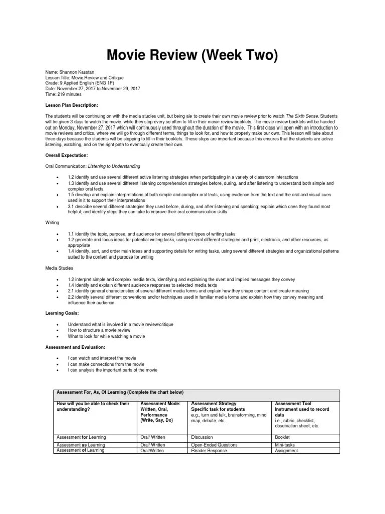 Movie Review Grade 9 Lesson Plans Educational Assessment English As