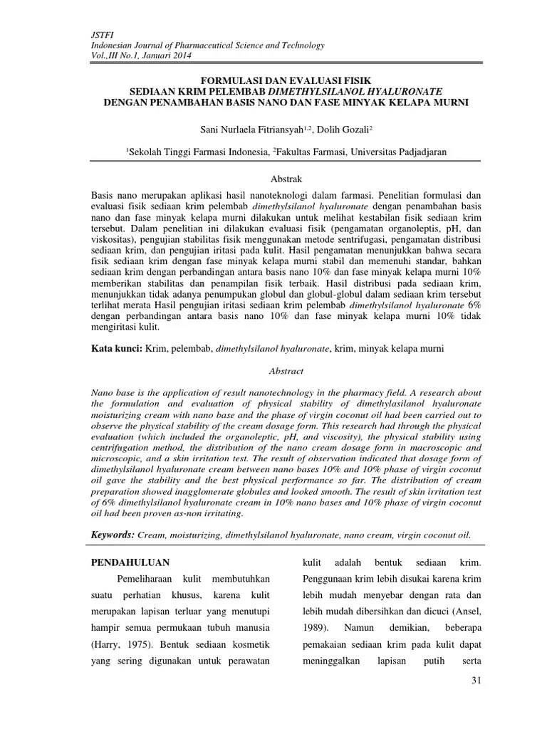 Formulasi Dan Evaluasi Fisik Sediaan Krim Pelembab Dimethylsilanol