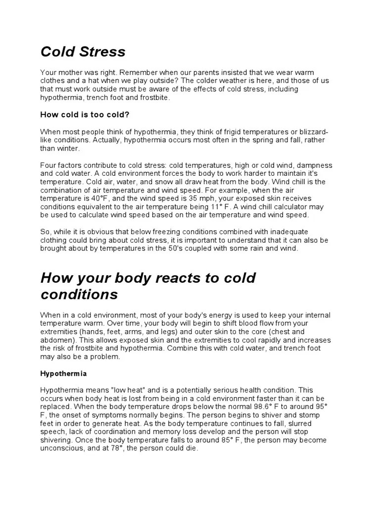 Cold Stress How Cold Is Too Cold? PDF Hypothermia Health Treatment