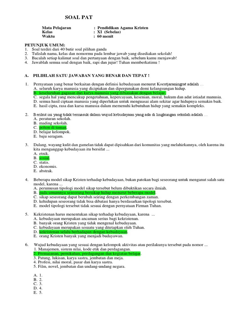 Soal Pat Agama Kristen Kelas Xi