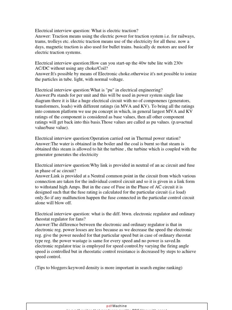 Electrical Interview Questions Electric Generator Transformer