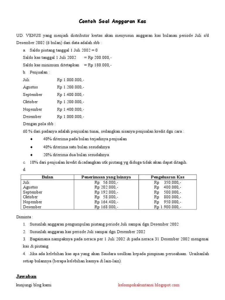 Contoh Soal Anggaran Kas Pt Abc Satu Trik