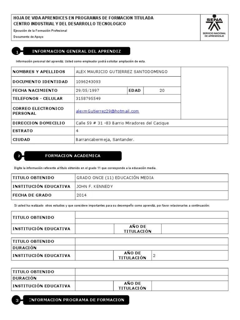 Formato Hoja de Vida Aprendiz SENA PDF Educación Secundaria
