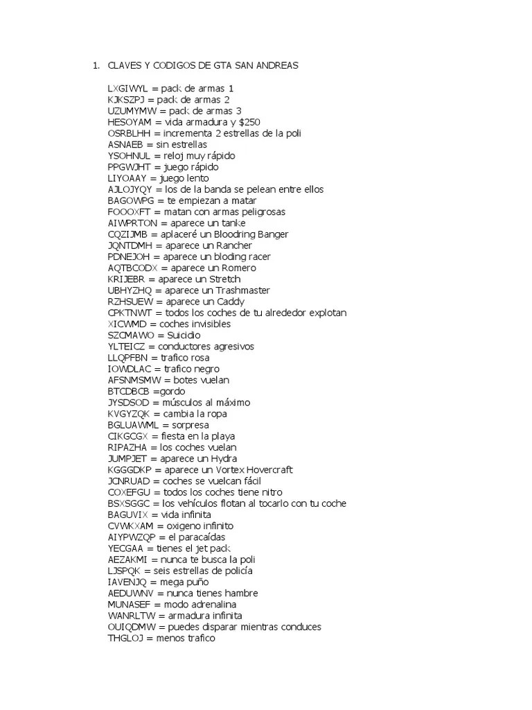 Claves y Codigos de Gta San Andreas Conflicto armado Ocio