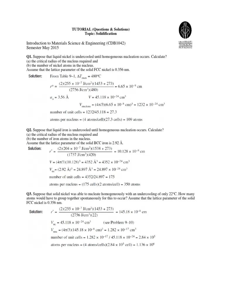 Tutorial (Lecture 2Solidification) Questions and Answers PDF