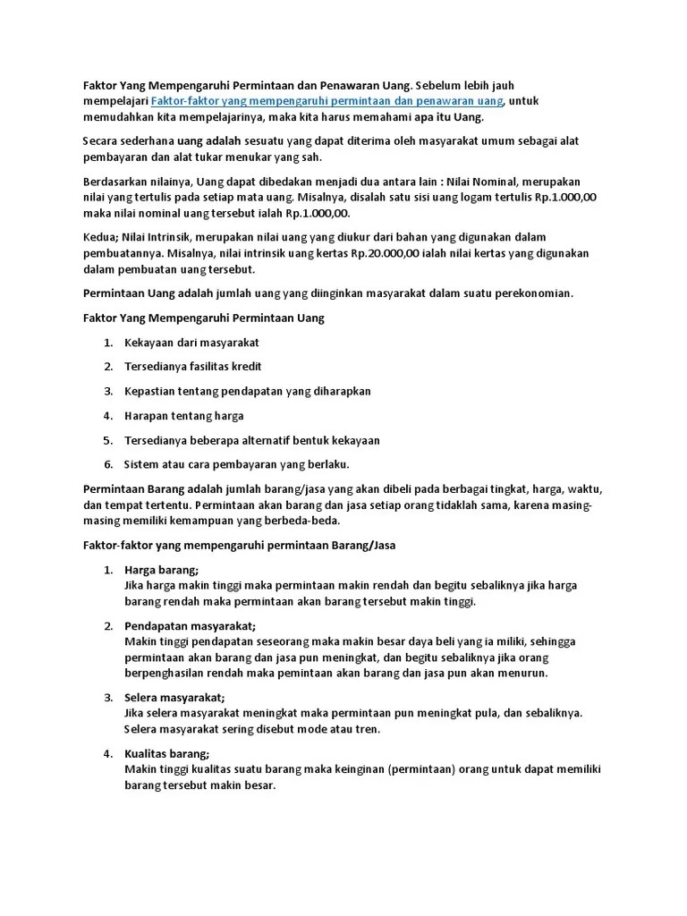 Faktor Yang Mempengaruhi Permintaan Dan Penawaran Uang PDF