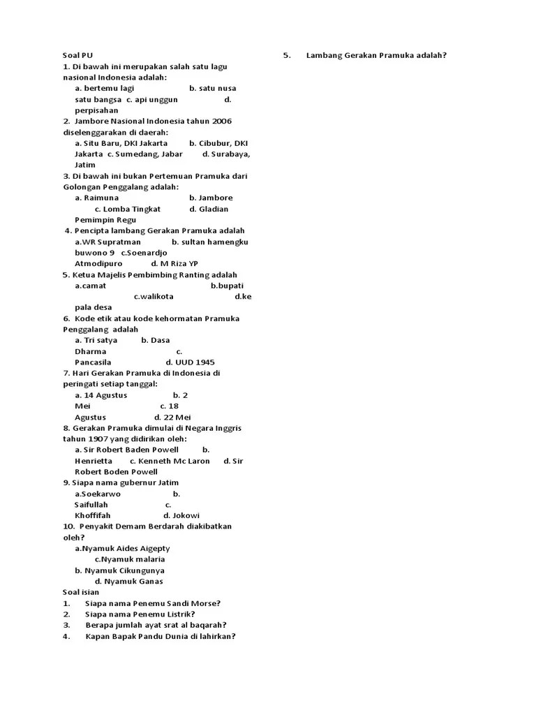 Teks Soal Pengetahuan Umum Pramuka Penggalang Rumah