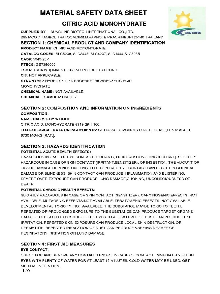 MSDS Citric Acid Monohydrate PDF Toxicity Water