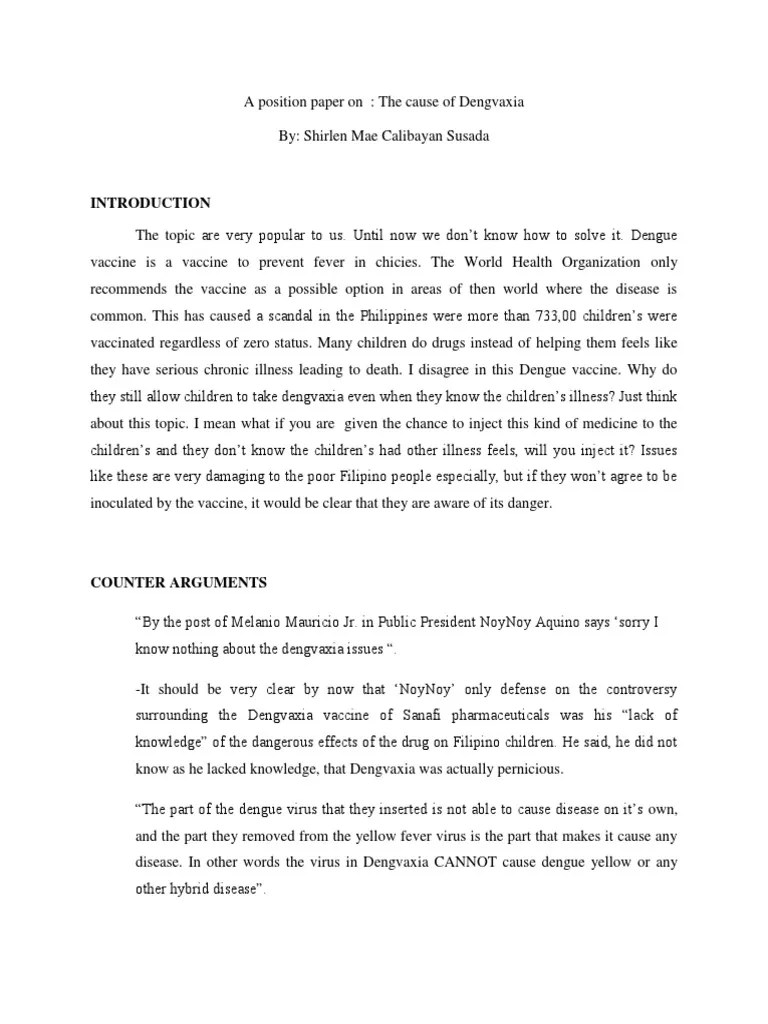 A Position Paper On The Cause of Dengvaxia PDF Vaccines Medical