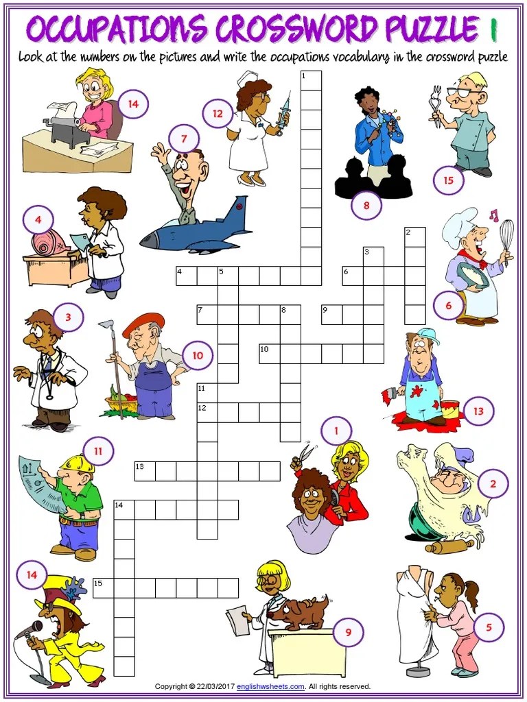 Occupations Vocabulary Esl Crossword Puzzle Worksheets for Kids