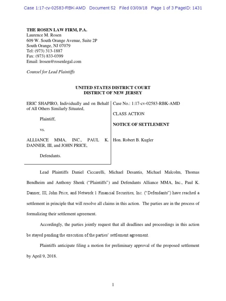 Notice of Settlement Settlement (Litigation) Lawsuit Free 30day