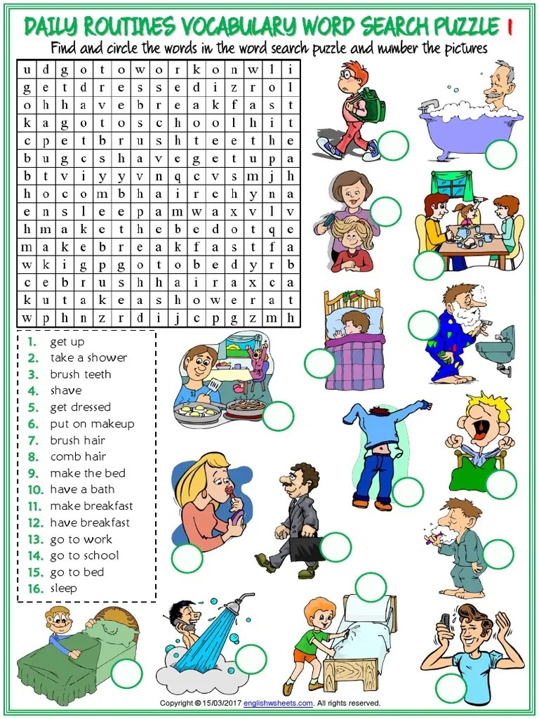 Daily Routines Vocabulary Esl Word Search Puzzle Worksheets For Kids
