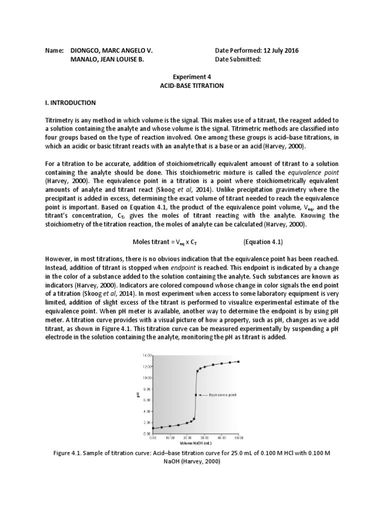 Experiment 4 Acid Base Titration PDF Titration Chemistry
