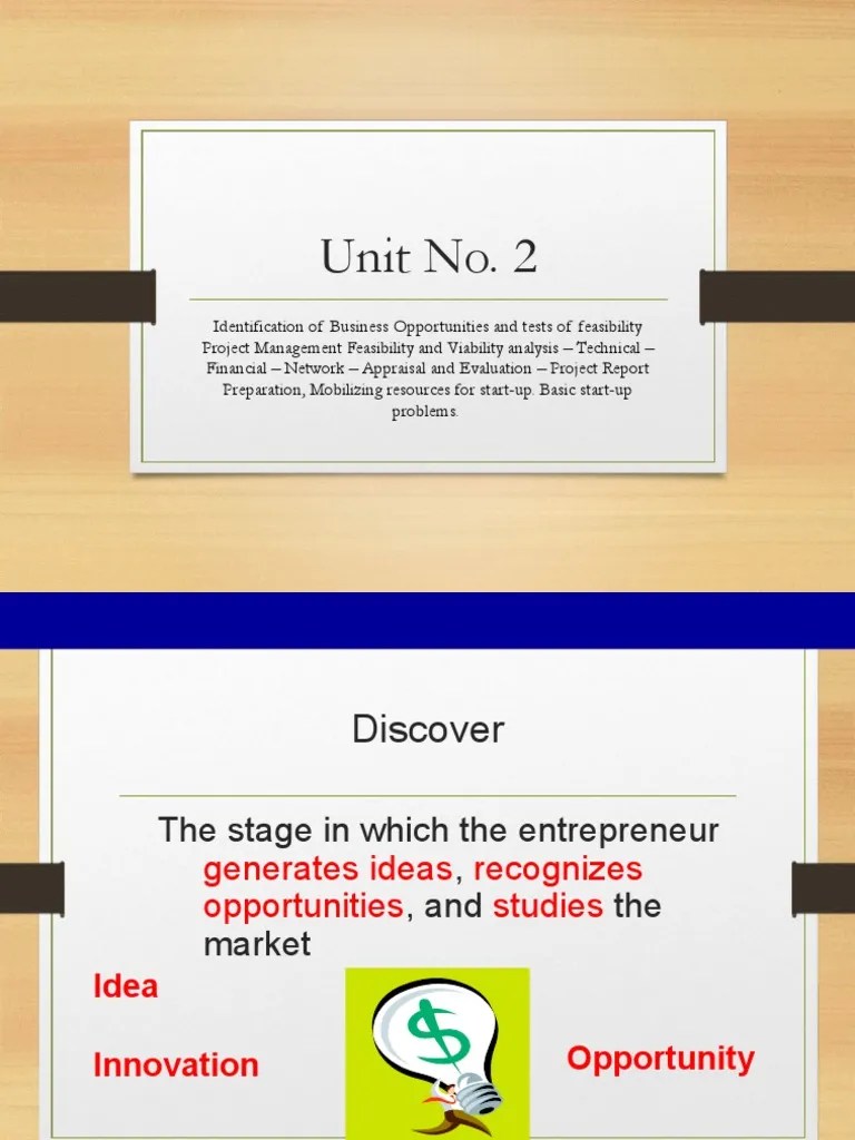 Identification of Business Opportunities and Tests of Feasibility