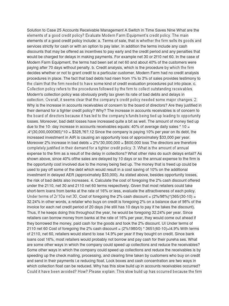 Solution To Case 25 Accounts Receivable Management A Switch in Time