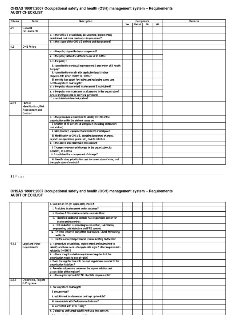 OHSAS Internal Audit Checklist Occupational Safety And Health