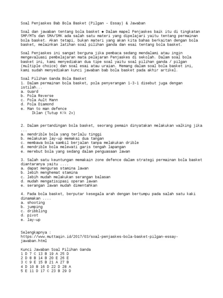 Soal Penjaskes Bab Bola Basket (Pilgan - Essay) &amp; Jawaban | PDF