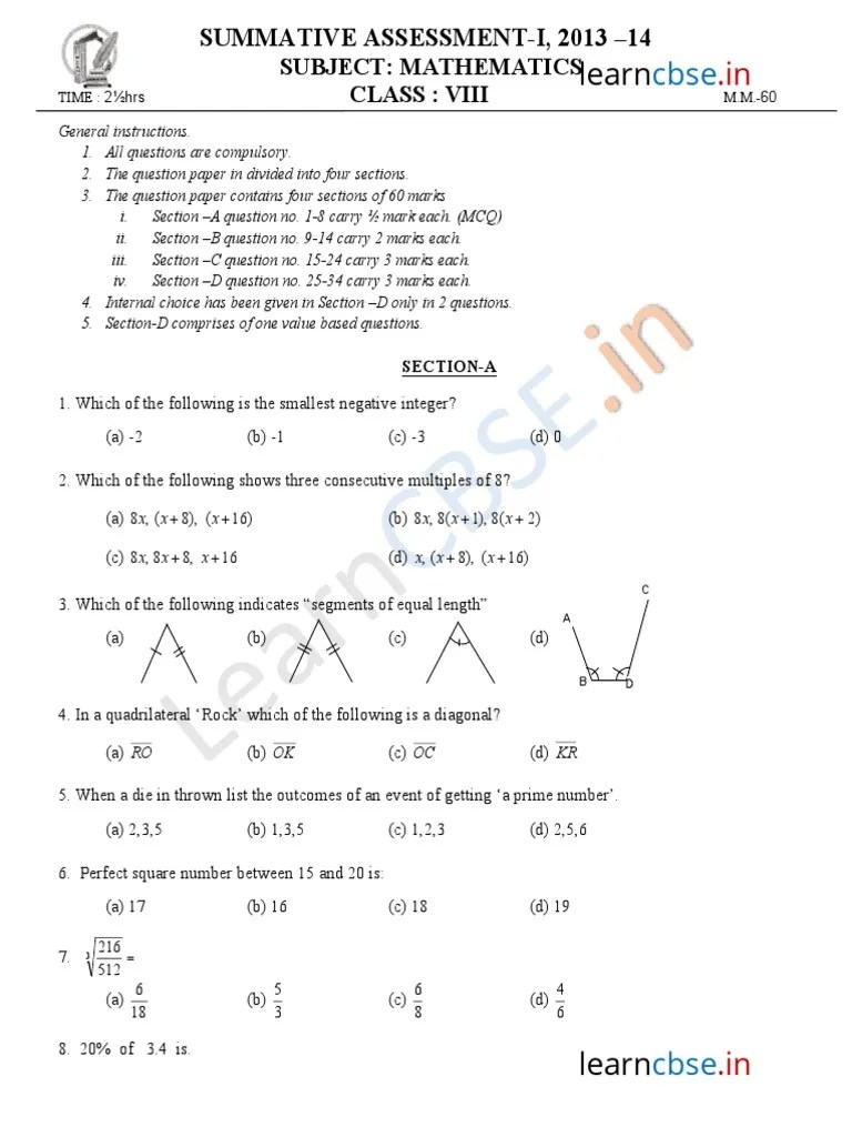 Cbse Class 8 Mathematics Sample Paper Sa1 2014 PDF PDF Equations