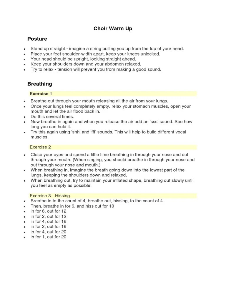 Choir Warm Up Posture Exercise 1 PDF Breathing Lung