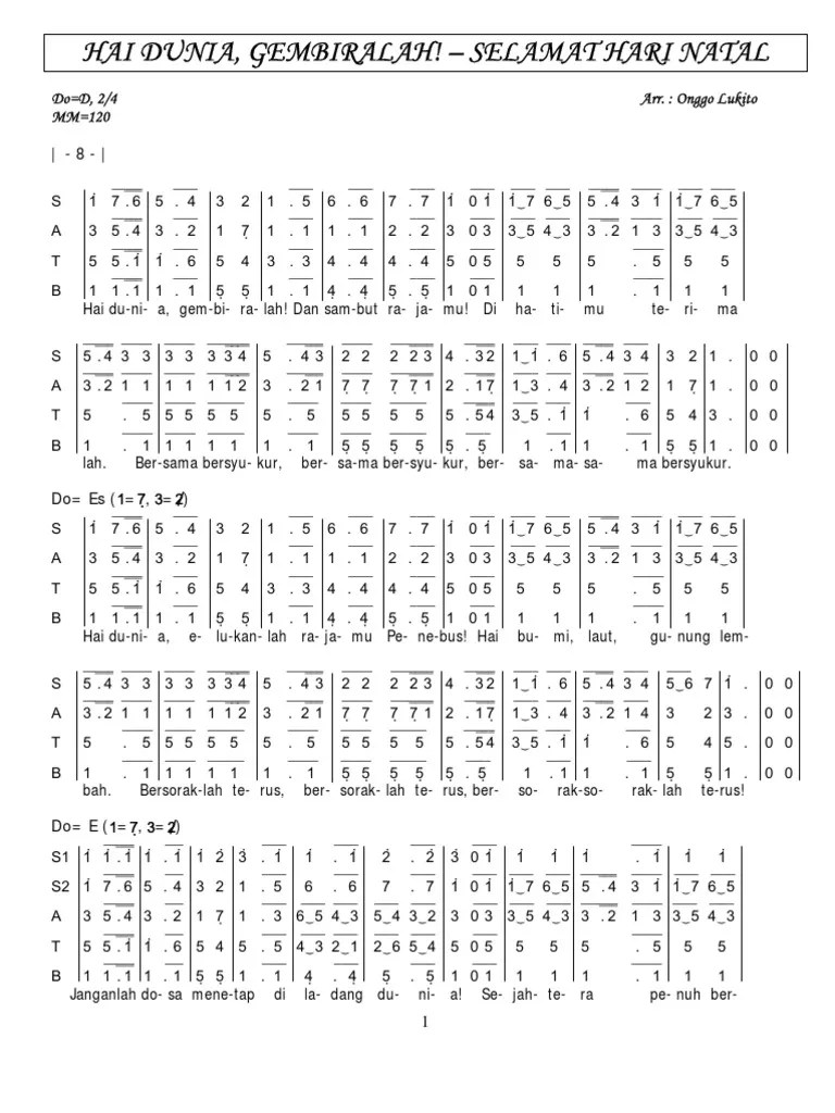 Berikut adalah lagu daerah dengan not angka dan not balok. Hai Dunia Gembiralah Selamat Hari Natal Partitur Satb