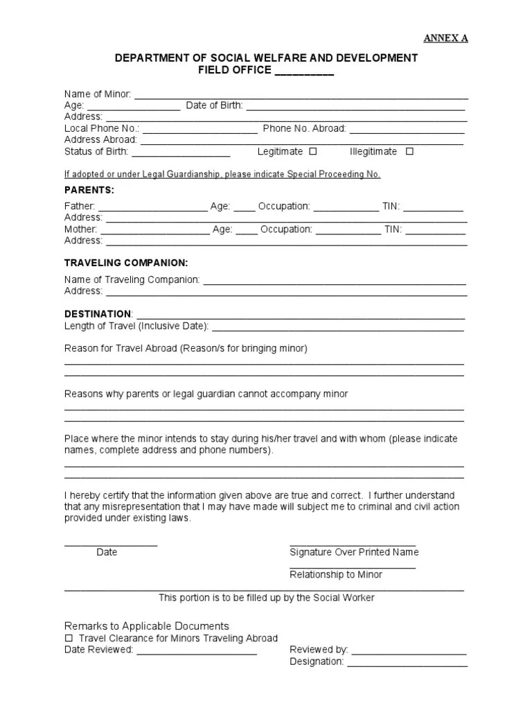 DSWD Travel Clearance for Minor Application Form Legal