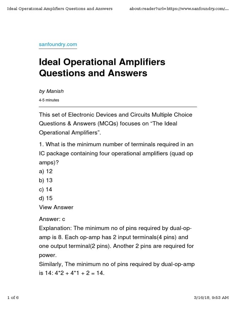 Questions & Answers On Operational Amplifiers PDF Operational