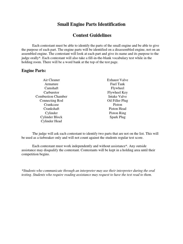 Small Engine Parts Identification Contest Guidelines PDF Internal