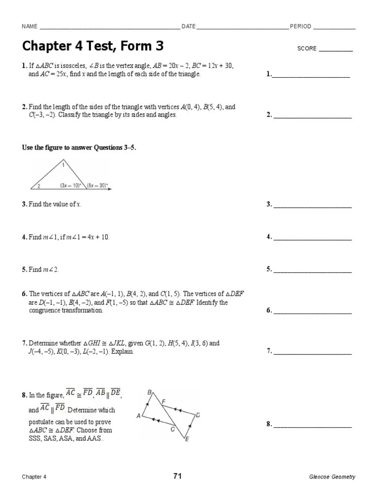 Chapter 4 Test, Form 3 (1) Triangle Triangle Geometry
