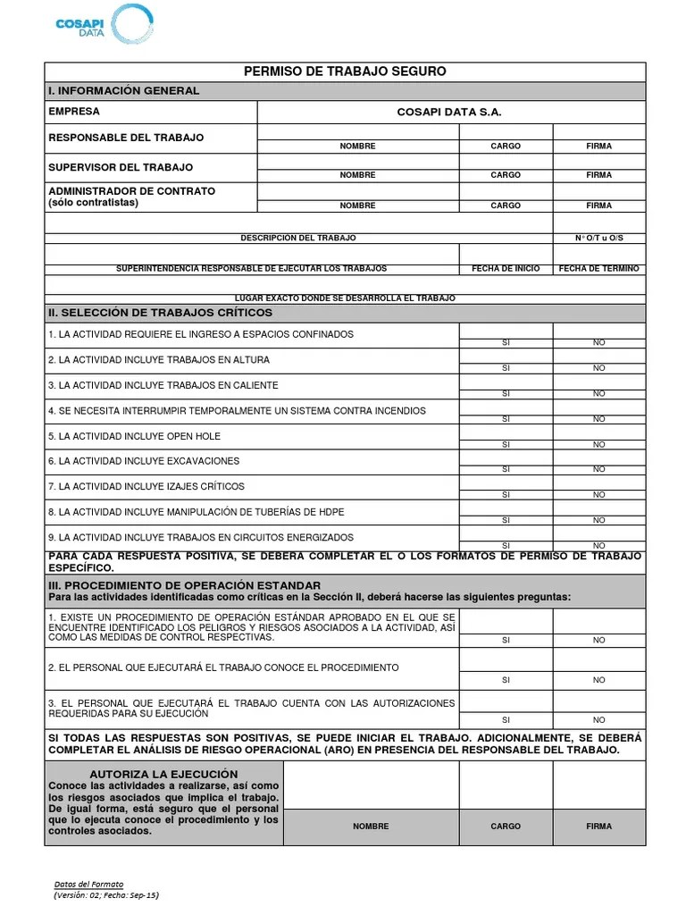 Permiso De Trabajo Seguro I. Información General Cosapi Data S.A