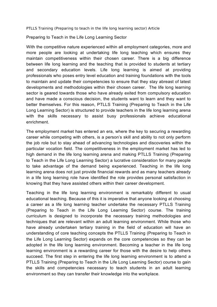 PTLLS Training Teachers Learning