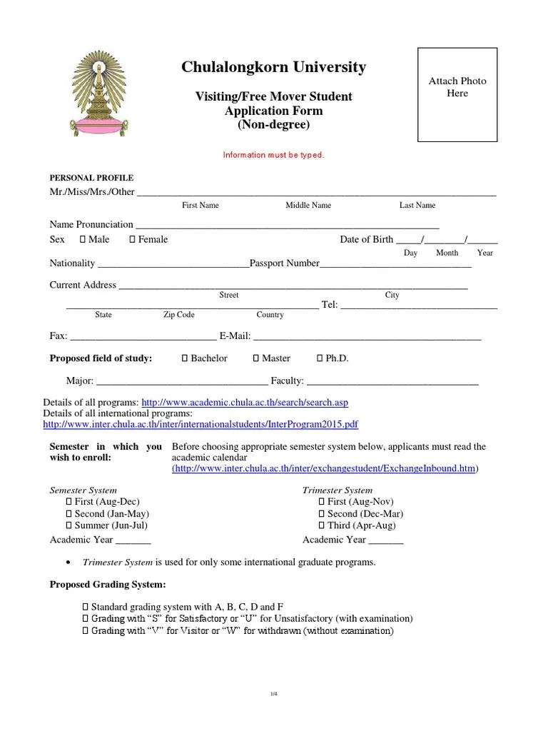 Chulalongkorn University Visiting/Free Mover Student Application Form