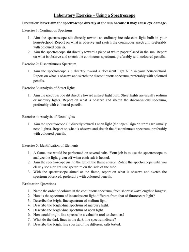 Laboratory Exercise Using A Spectroscope Evaluation Questions PDF