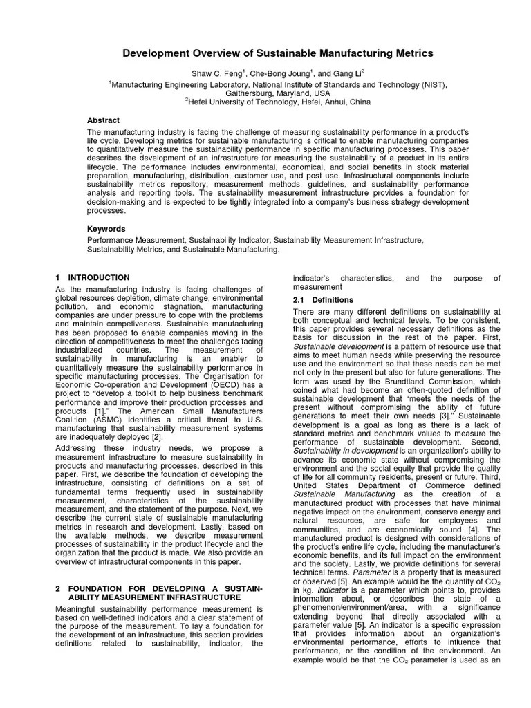 X Development Overview of Sustainable Manufacturing Metrics PDF