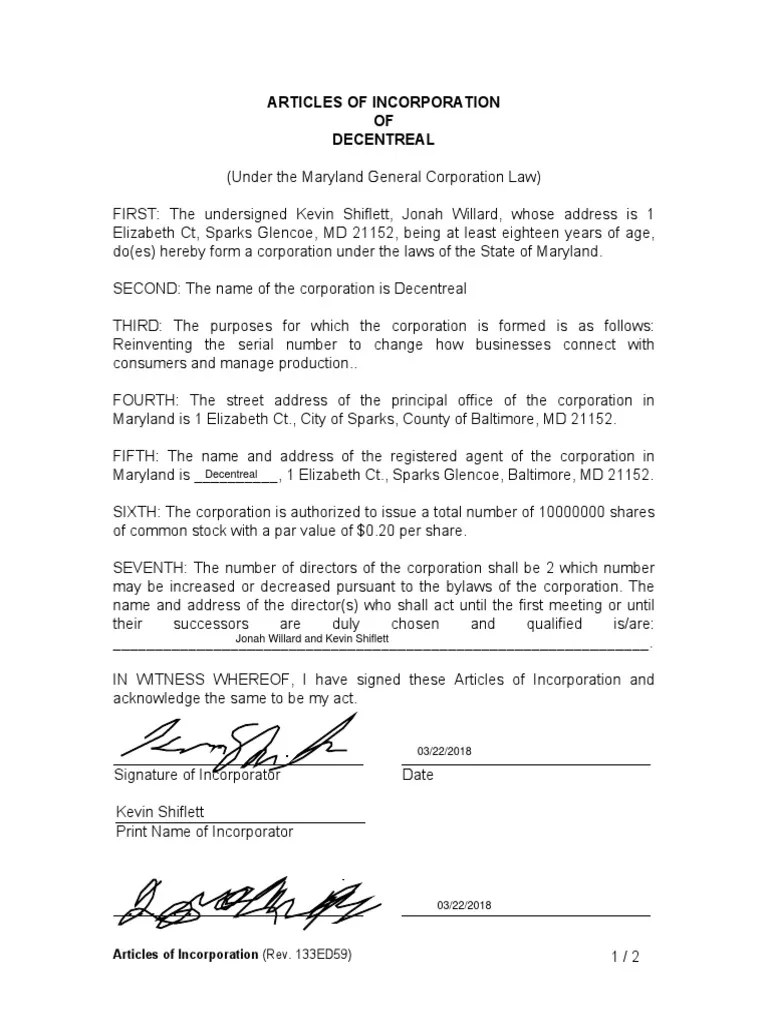 Maryland Articles of Incorporation Registered Agent Corporations