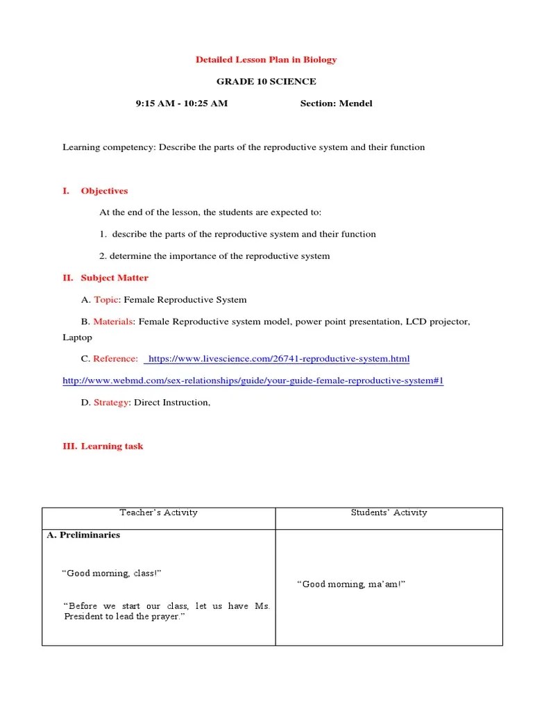 Detailed Lesson Plan in Biology Rhea PDF Uterus Reproductive System