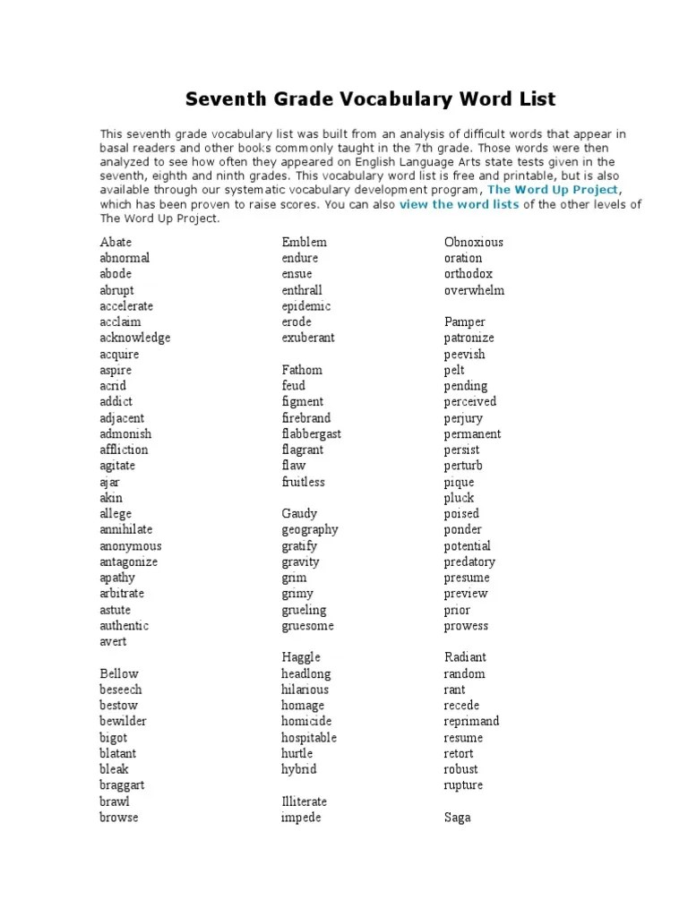 Seventh Grade Vocabulary Word List