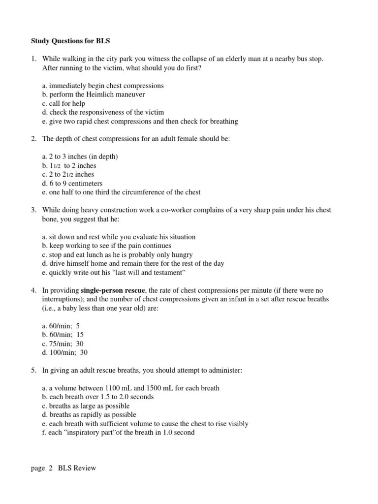BLS Practice Quiz Cardiopulmonary Resuscitation Cardiac Arrest
