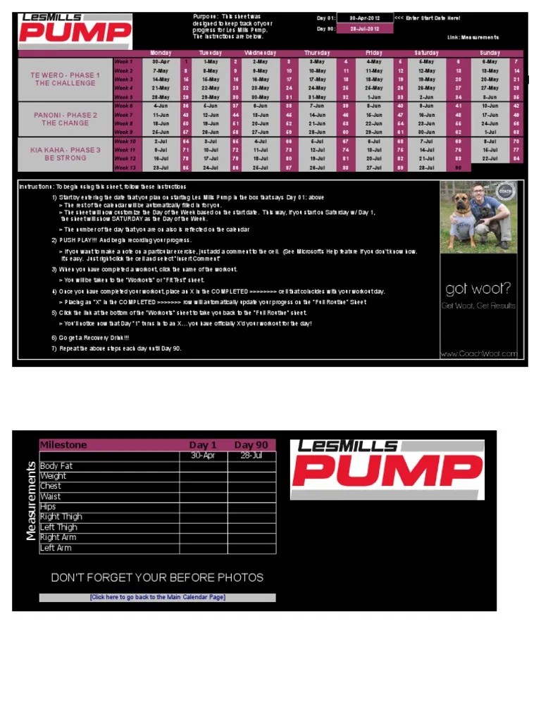 CoachWoot Les Mills Pump Workout Tracking Sheet Schedule