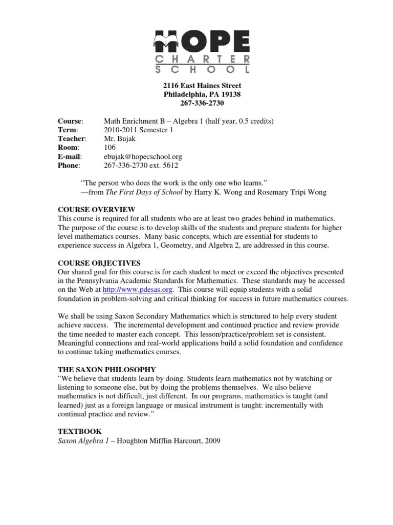 Course Syllabus.Math Enrichment B.Algebra 1.Bujak