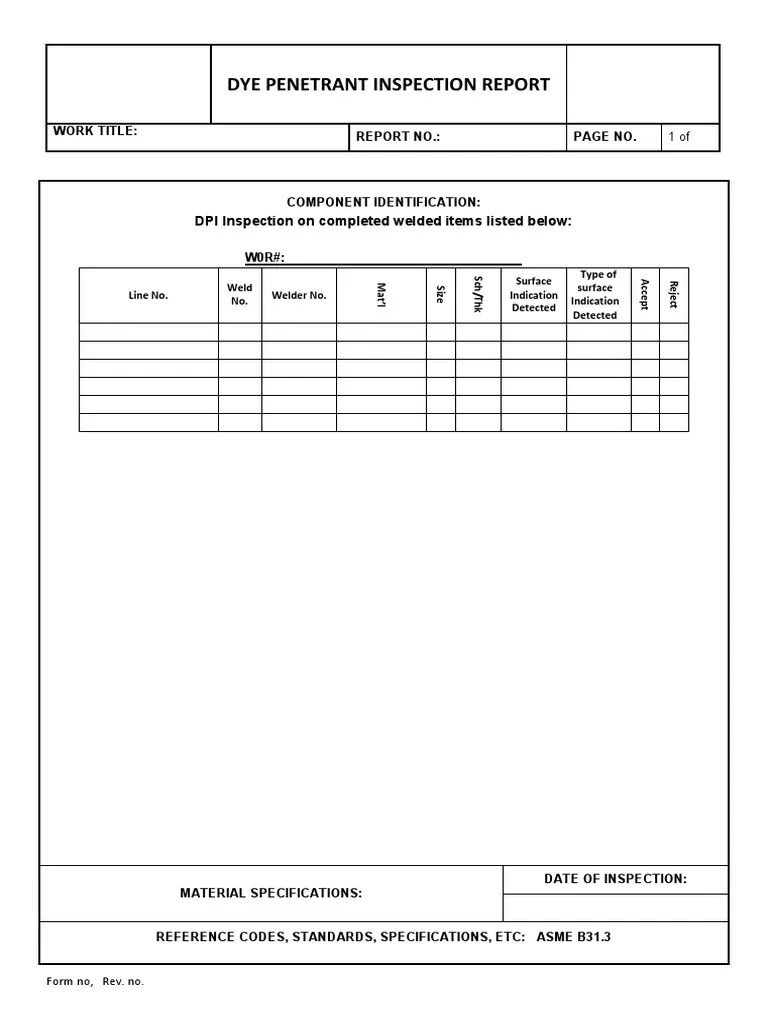 Dye Inspection Report DPI Inspection on completed welded
