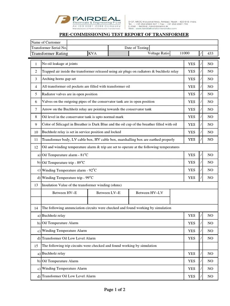 Test of Transformer at Site PDF Transformer Electrical Components