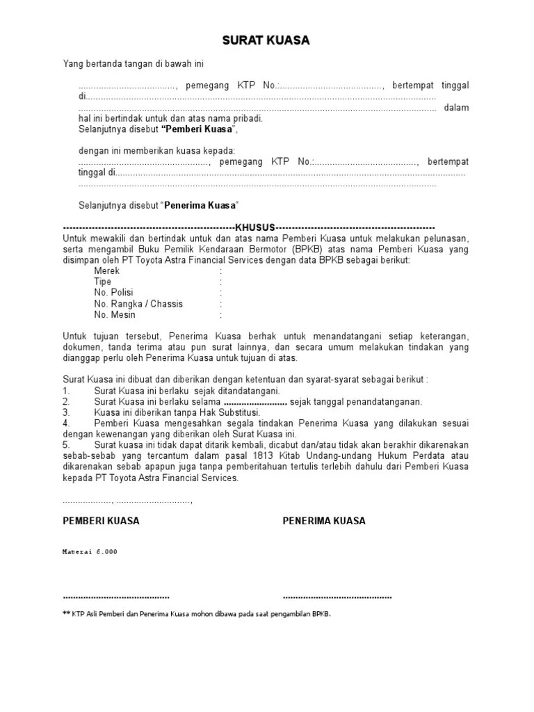 Adira Finance Contoh Surat Kuasa Pengambilan Bpkb Mobil