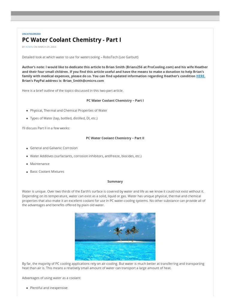 PC Water Coolant Chemistry Part I Overclockers PDF Purified Water Ph