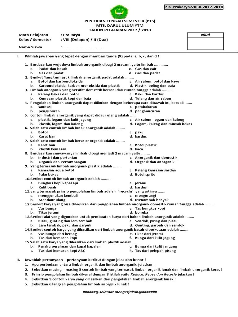 Soal PTS Genap Prakarya 8 | PDF