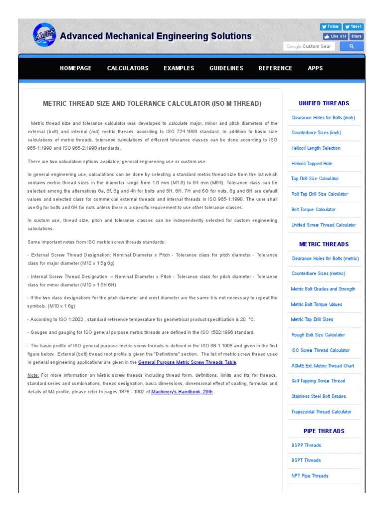 Metric Thread Size and Tolerance Calculator PDF Screw Engineering