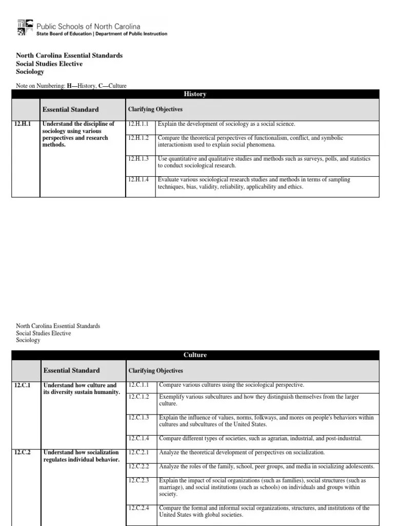 North Carolina Essential Standards Social Studies Elective Sociology PDF Deviance (Sociology