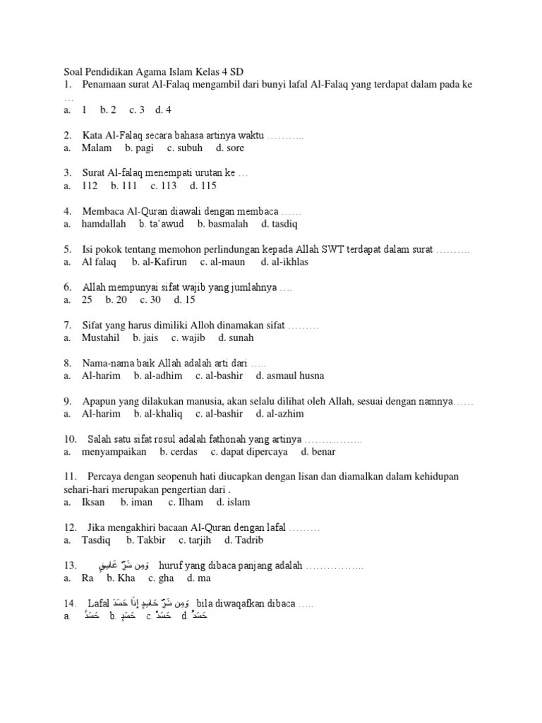 Soal Pendidikan Agama Islam Kelas 4 SD