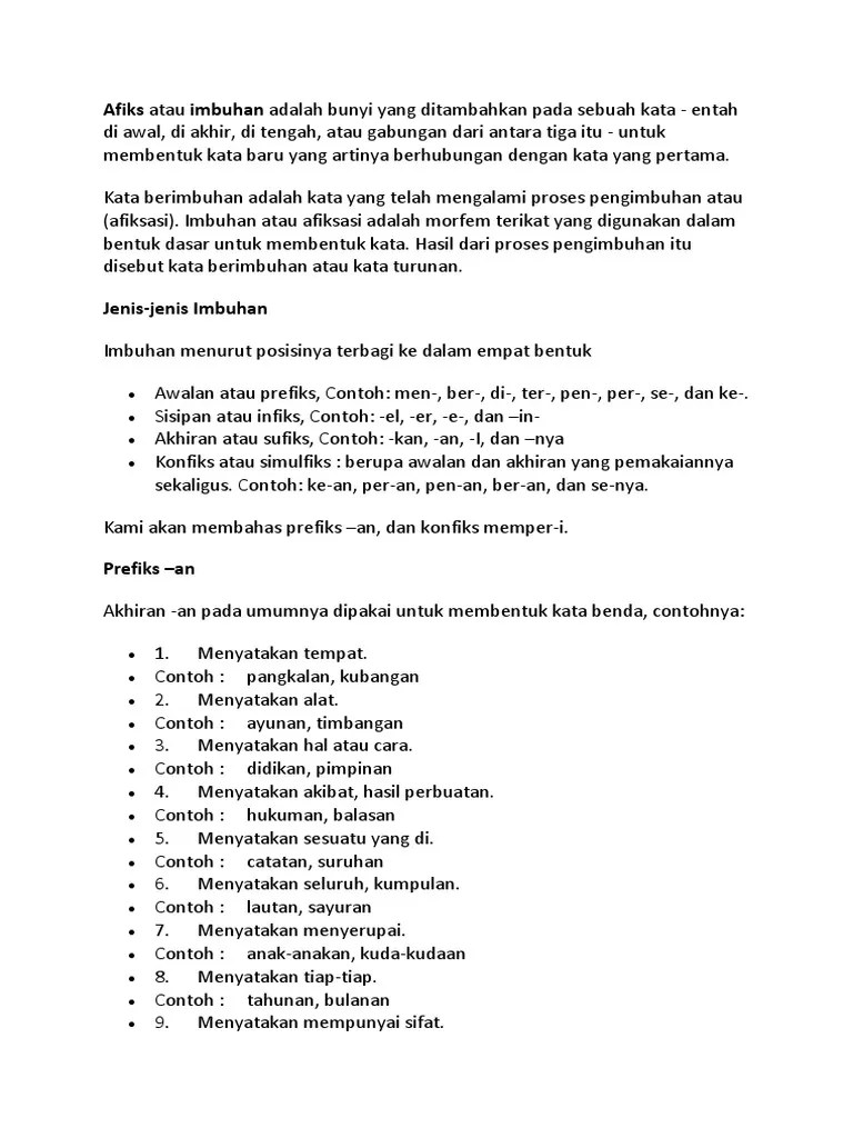 Afiks Atau Imbuhan Adalah Bunyi Yang Ditambahkan Pada Sebuah Kata | PDF