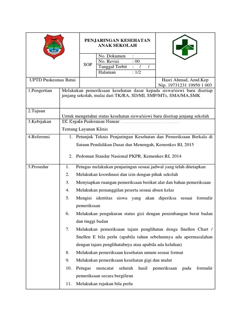Sop Penjaringan Kesehatan Anak Sekolah