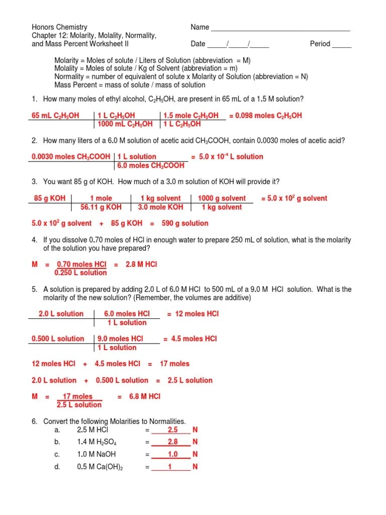 Molarity, Molality, Normality, and Mass Percent Worksheet II Answer Key